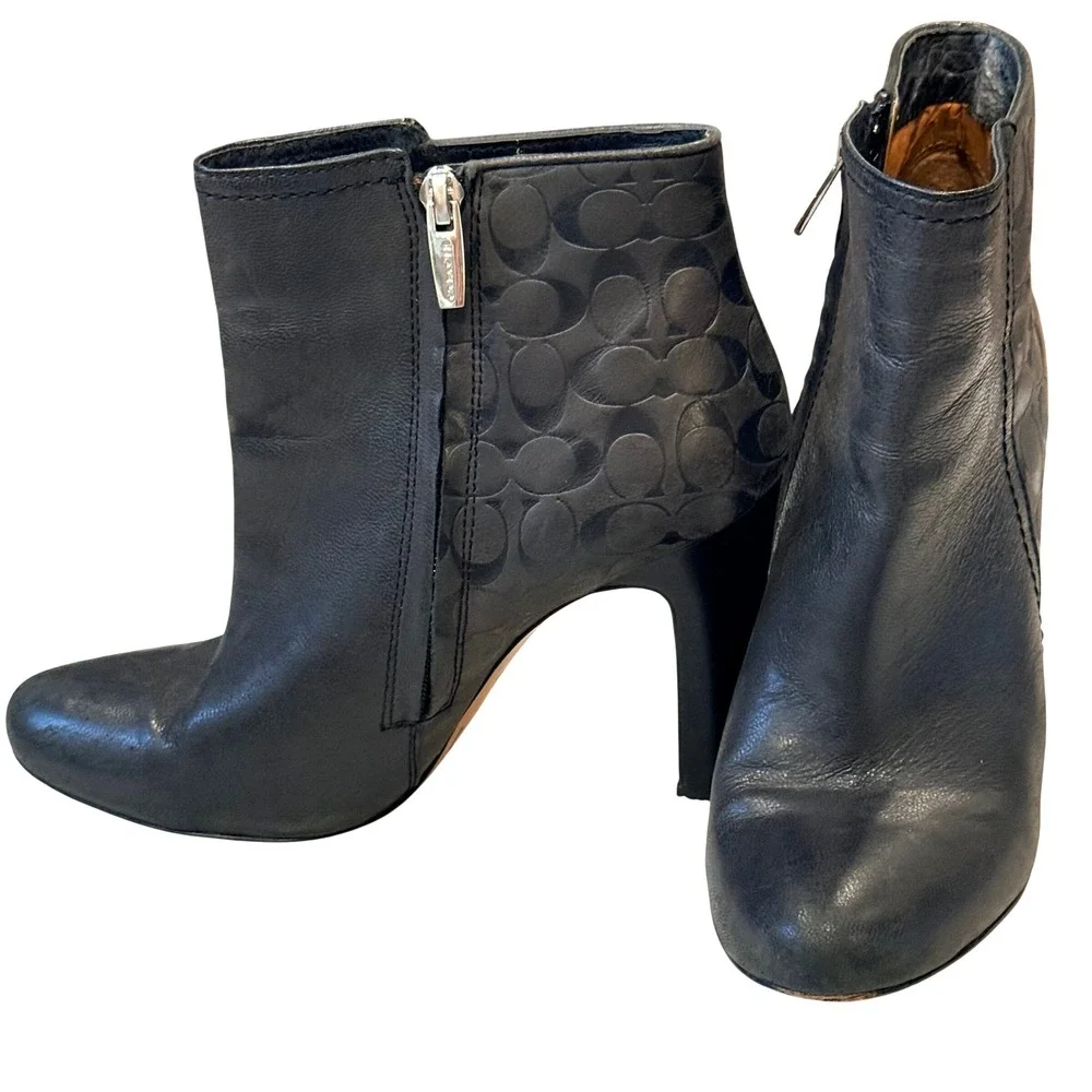Coach Black Leather Signature Monogram Ankle Boots Side Zip High Heel A4150